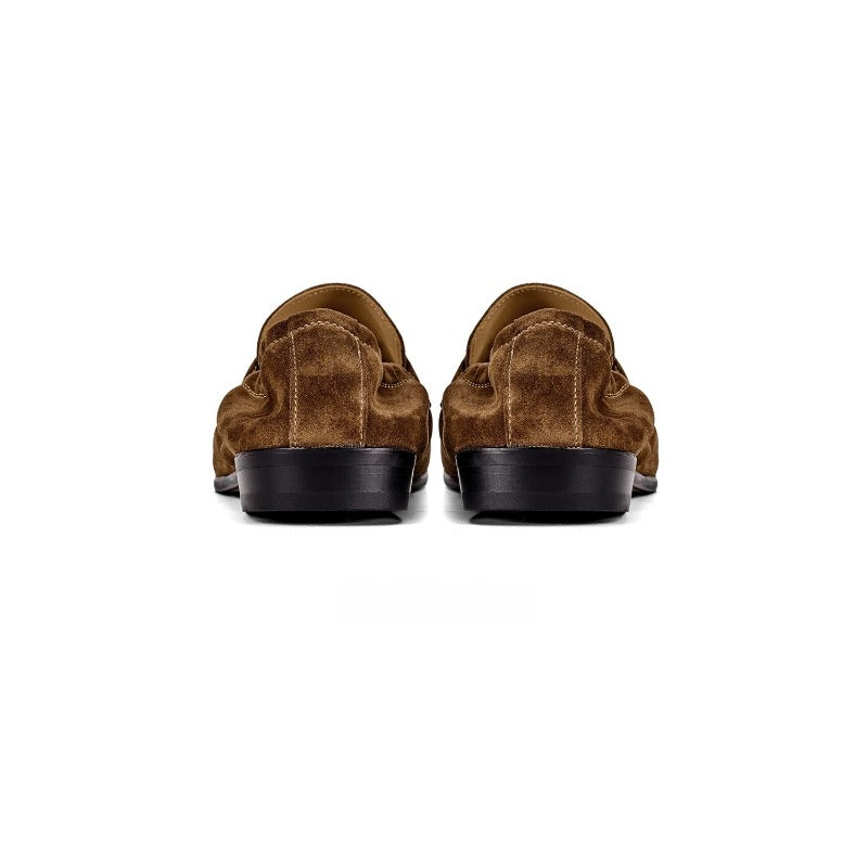 Lunepebbla Brown — handmade suede penny loafers for men, slip-on dress shoes top down view