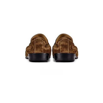 Lunepebbla Brown — handmade suede penny loafers for men, slip-on dress shoes top down view