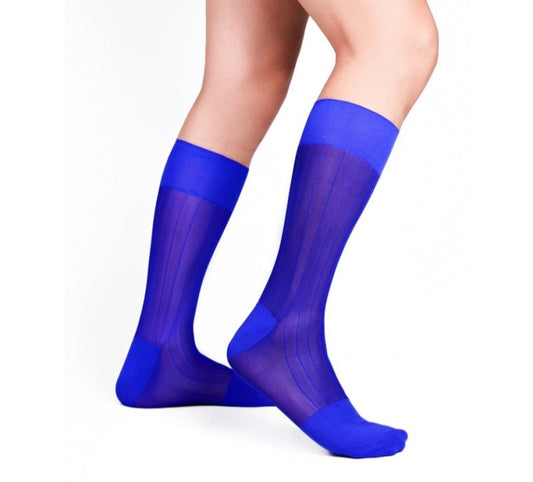 Lunepebbla ribbed sheer sky blue nylon dress socks with contrast panels mid-calf