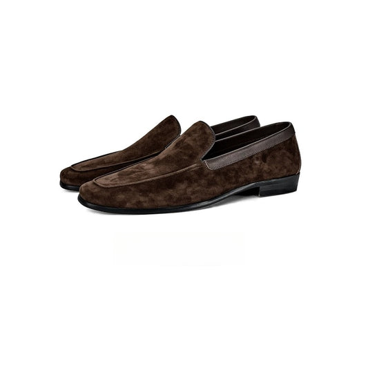 Lunepebbla Tan — handmade suede Venetian loafers for men, slip-on dress shoes close up detail