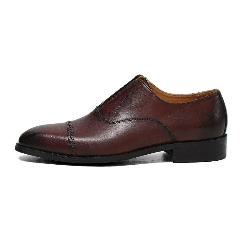 Handmade Brown Leather Laceless Cap-Toe Oxfords for Men