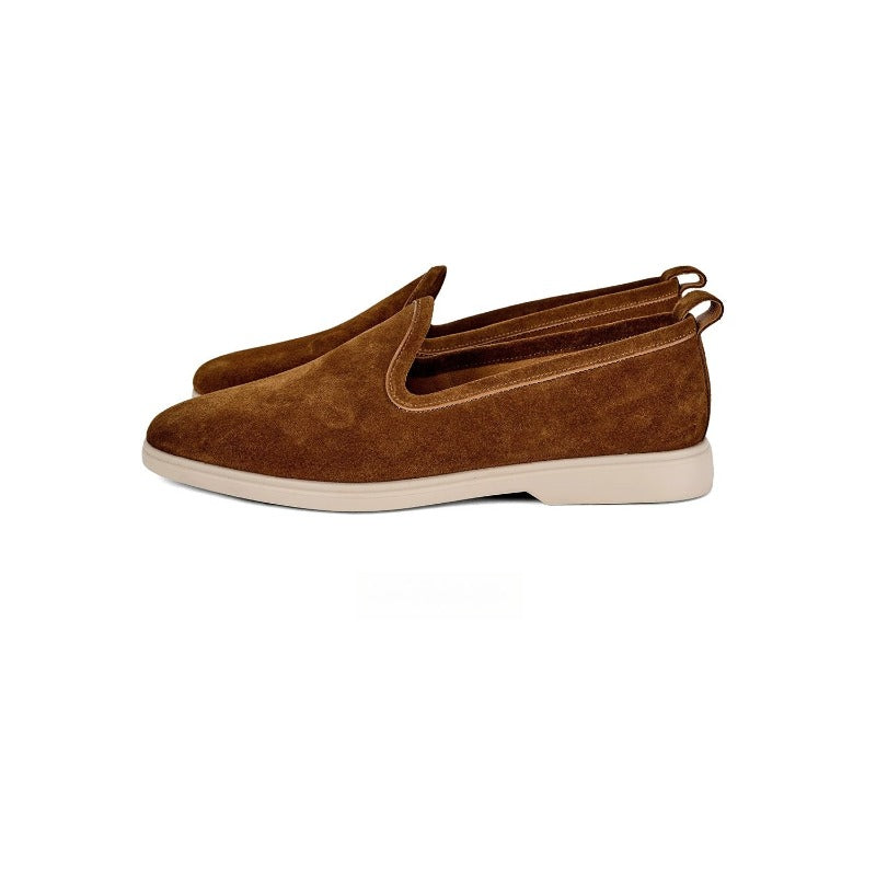 Lunepebbla Tan — handmade suede loafers white sole, summer slip-on shoes for men sole view