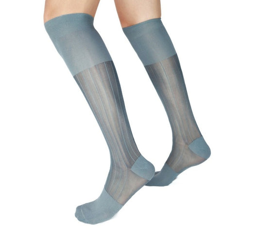 Lunepebbla ribbed sheer burgundy nylon knee-high dress socks with deep wine-toned ribs