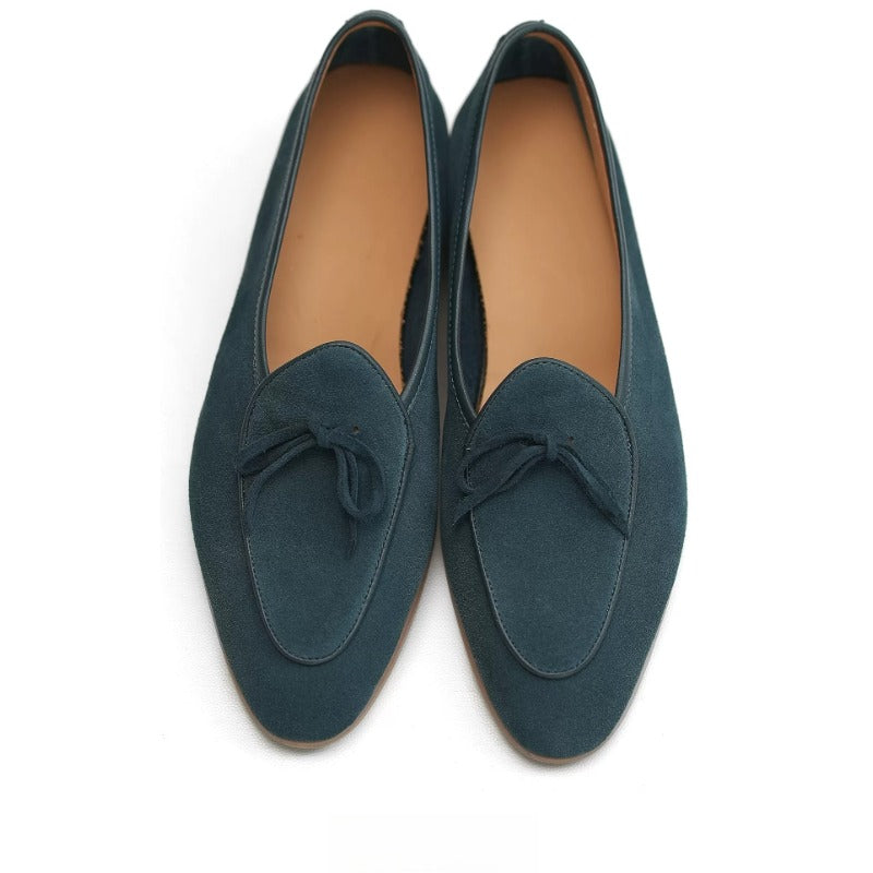 Lunepebbla camel suede Belgian loafers with cedar shoe trees showing unstructured silhouette