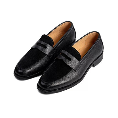 Lunepebbla black dual-texture penny loafers side view showing tonal suede and leather contrast