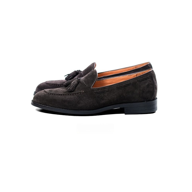 Lunepebbla close-up of tonal suede tassels on high-lustre cowhide vamp showing brushed sheen