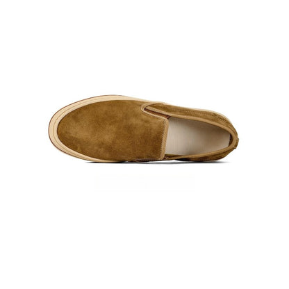 Lunepebbla Brown — handmade suede slip-on sneakers for men, gum sole casual shoes on foot lifestyle