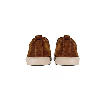 Lunepebbla Tan — handmade suede loafers white sole, summer slip-on shoes for men interior leather lining detail