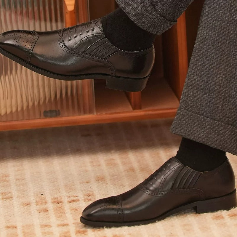 Handmade Black Cap-Toe Oxford Brogue Shoes for Men