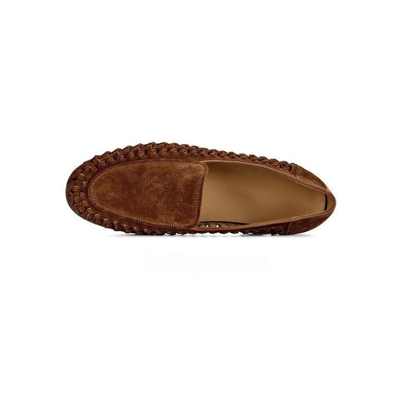 Lunepebbla Tan Brown — handmade woven leather loafers for men, braided slip-on shoes back heel view