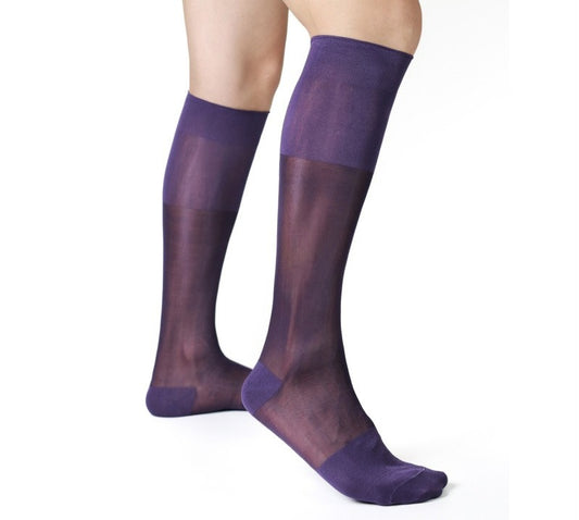Lunepebbla semi-opaque forest green nylon dress socks showing deep green tone knee-high