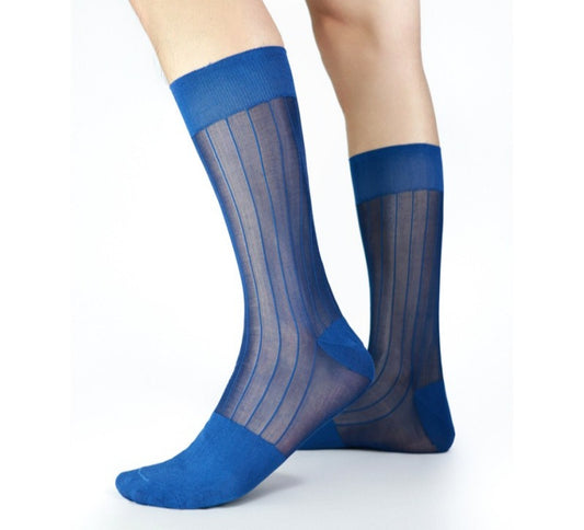 Lunepebbla ribbed sheer purple nylon dress socks with contrast opaque panels mid-calf