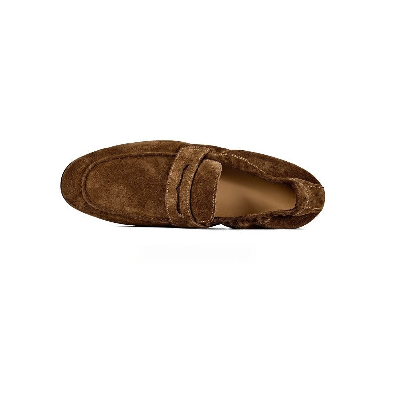Lunepebbla Brown — handmade suede penny loafers for men, slip-on dress shoes back heel view