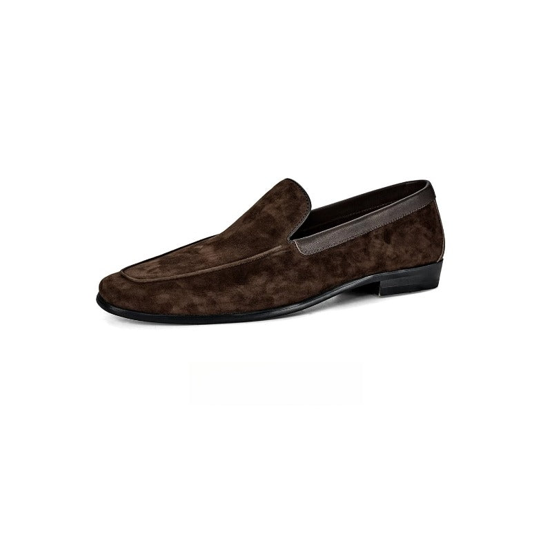 Lunepebbla Tan — handmade suede Venetian loafers for men, slip-on dress shoes on foot lifestyle